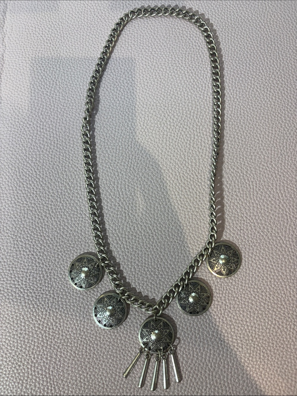 Silver Coin Charm Statement Necklace – Boho Western